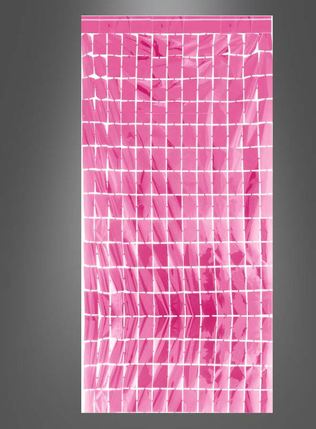 Eine rechteckige, durchscheinende, rosafarbene Party-Deko-Vorhang-Hintergrundfolie (100 x 200 cm) mit einem Raster aus weißen Linien ist vor einem grauen Hintergrund mit Farbverlauf abgebildet, der an festliche Dekoration erinnert und einen dezenten metallischen Schimmer aufweist.