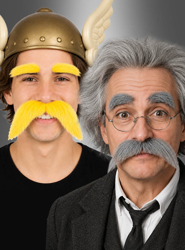 Zwei Personen in Kostümen: Die eine trägt einen geflügelten Helm mit einem Karnevalsbart, einem künstlichen gelben Schnurrbart und Augenbrauen aus dem „Schnurrbart & Augenbrauen“-Set; die andere trägt eine graue Perücke, eine Brille und dazu passende graue Accessoires aus dem „Schnurrbart & Augenbrauen“-Set.