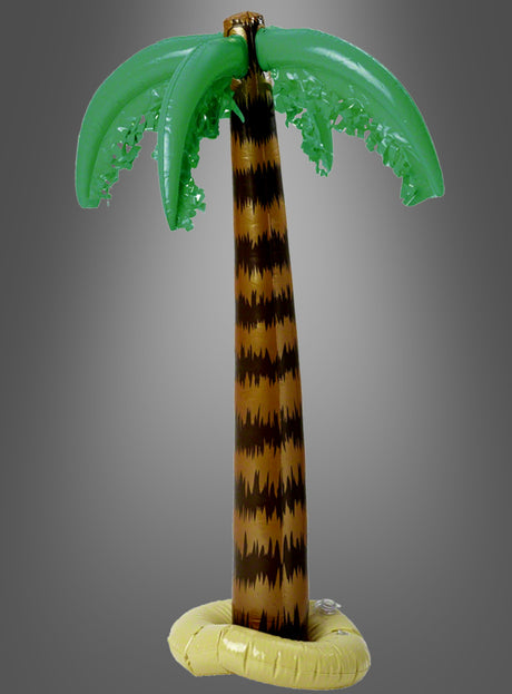 Aufblasbare Hawaii-Palme mit grünen Blättern und einem braun gestreiften Stamm, präsentiert vor einem schlichten grauen Hintergrund – diese künstliche Dekopflanze ist das perfekte Highlight für deine nächste Strandparty-Dekoration.