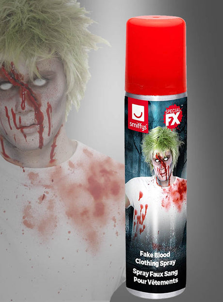 Abgebildet ist eine Dose „Kunstblut-Spray für Kleidung“ (75 ml) mit einer kostümierten Person mit grünen Haaren und Kunstblut im Gesicht und auf dem Hemd – perfekt, um dein Halloween-Kostüm mit realistischen Effekten abzurunden.