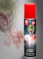 Abgebildet ist eine Dose „Kunstblut-Spray für Kleidung“ (75 ml) mit einer kostümierten Person mit grünen Haaren und Kunstblut im Gesicht und auf dem Hemd – perfekt, um dein Halloween-Kostüm mit realistischen Effekten abzurunden.
