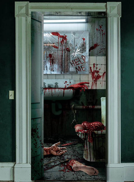 Verwandeln Sie Ihren Raum mit dem gruseligen Halloween-Türposter für das Badezimmer in ein schauriges Spukhaus – mit einer blutbespritzten Badezimmerszene, komplett mit Körperteilen und der mit Blut auf einen zerbrochenen Spiegel gekritzelten Aufschrift „HELP ME“. Diese gruselige Halloween-Türdekoration ist perfekt, um eine unvergessliche Atmosphäre zu schaffen, und lässt Ihre Halloween-Dekoration so richtig zur Geltung kommen.