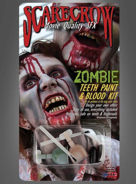 Zombie-Zahnfarbe in Deluxe-Qualität für Halloween-Kostüme und Spezialeffekte: Auf der Blisterverpackung sind zwei Personen mit blutverschmierten Gesichtern und realistischem Zombie-Make-up abgebildet; außerdem enthält das Set kleine Farbtöpfchen und Applikatoren.