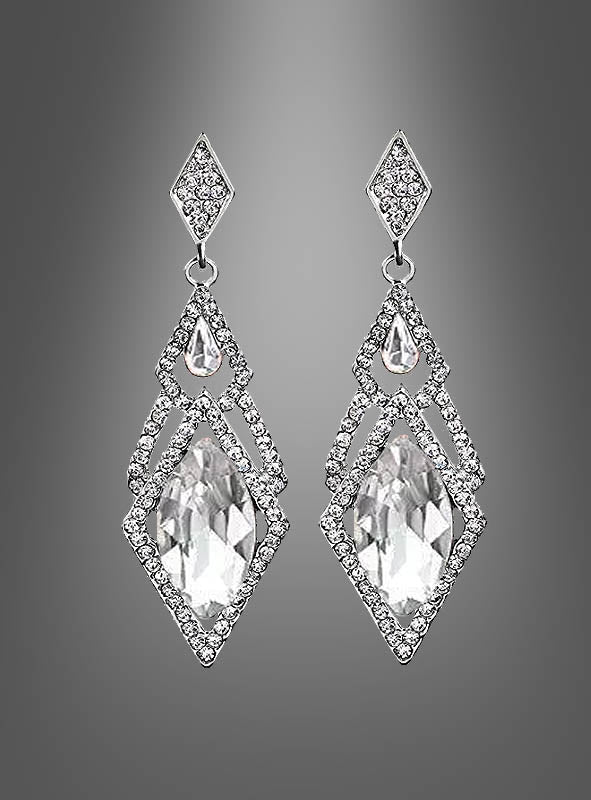Elegante Silberohrringe für Damen mit geometrischen Formen und klaren Edelsteinen, präsentiert vor einem grauen Farbverlauf.