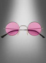 Die 70er-Jahre-Nickelbrille „Hippie Flower Power“ mit rundem silbernem Rahmen und rosa getönten Gläsern ist auf einem grauen Hintergrund mit Farbverlauf abgebildet.