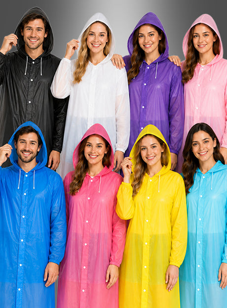 Acht Personen, die einen Langer Regenmantel wetterfest mit Kapuze in den Farben Schwarz, Weiß, Lila, Blau, Rosa und Gelb tragen, stehen in zwei Reihen vor einem grauen Hintergrund mit Farbverlauf.