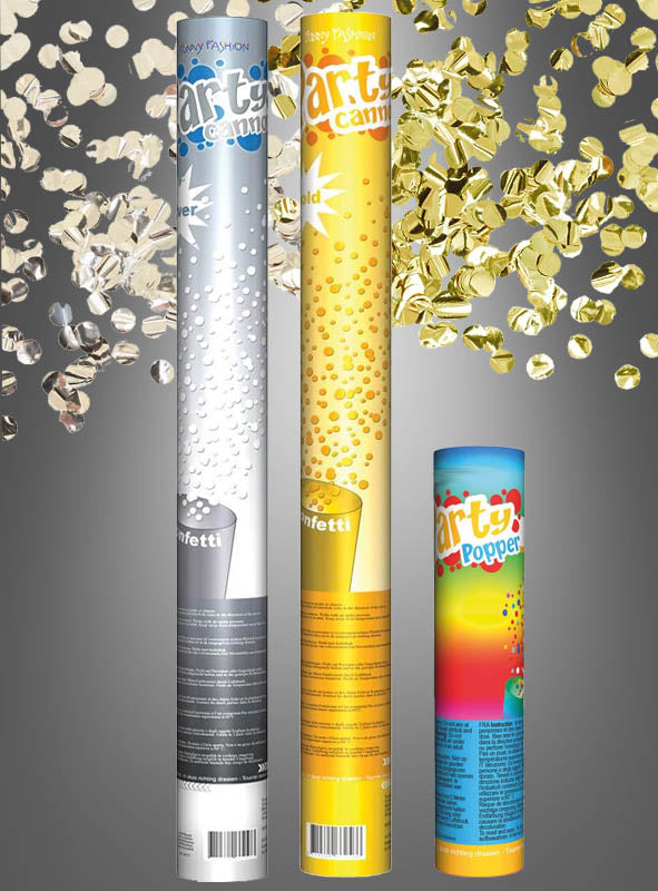 Drei aufrecht stehende Konfettikanonen (in verschiedenen Farben und Größen) in Silber, Gold und mehrfarbig werden vor einem Hintergrund aus verstreutem silbernem und goldenem Konfetti präsentiert und sorgen so für einen echten Glamour-Effekt – perfekt für jede Konfetti-Party.