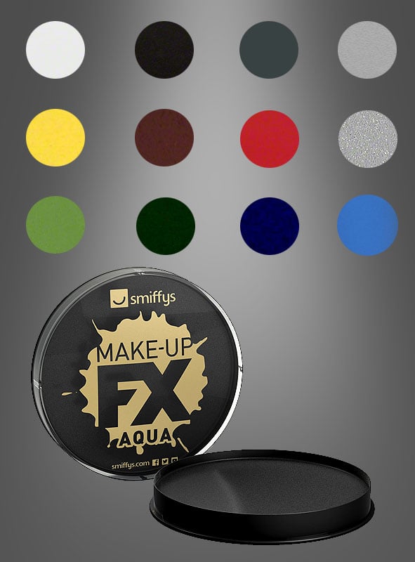 Runder Behälter mit schwarzer „Smiffys Aqua Makeup“-Gesichts- und Körperfarbe ohne Deckel, darunter zwölf Farbmuster auf einem grau verlaufenden Hintergrund.