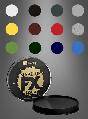 Runder Behälter mit schwarzer „Smiffys Aqua Makeup“-Gesichts- und Körperfarbe ohne Deckel, darunter zwölf Farbmuster auf einem grau verlaufenden Hintergrund.