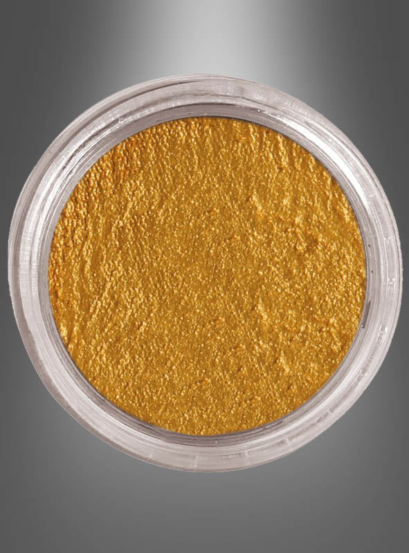 Ein durchsichtiger Kunststoffbehälter, gefüllt mit metallisch-goldenem Pigmentpulver „Aqua Makeup Gesichts- und Körperfarbe“, ideal zum Erzeugen atemberaubender Gesichts- oder Körperbemalungseffekte, von oben betrachtet vor einem grau verlaufenden Hintergrund.