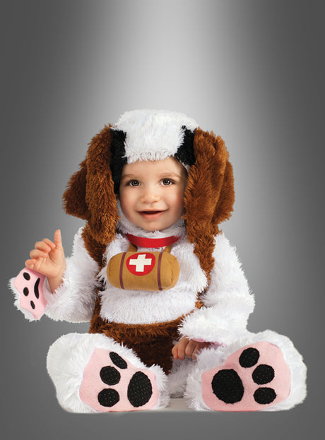 Das Baby trägt den Bernhardiner-Hundekostüm-Strampler für Babys mit herabhängenden braunen Ohren, einem mit einem roten Kreuz verzierten Plüschfass und großen Pfotenabdrücken an den Füßen und sitzt bezaubernd vor einem grauen Hintergrund mit Farbverlauf. Dieses Plüsch-Tierkostüm-Design eignet sich perfekt, um einen authentischen Look eines Hundekostüms für Babys zu kreieren.