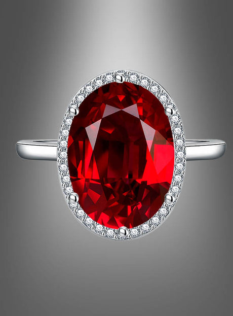 Der „Ring mit großem Edelstein“ besticht durch einen großen ovalen roten Edelstein, der in Silber gefasst ist und von einem Kranz aus kleinen klaren Steinen umgeben wird; er wird vor einem grau verlaufenden Hintergrund präsentiert.