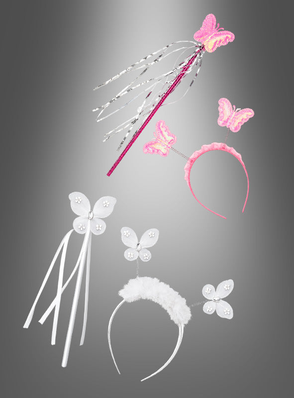 Zwei Sets des „Schmetterling-Haarreif und Stab“ sind perfekt für jede Kinderparty: Jedes Set enthält einen Schmetterlingsstab und einen passenden Schmetterling-Haarreif sowie ein Paar Schmetterlingsflügel zum Anstecken in Rosa oder Weiß – ideal für die Kleinen, die sich gerne als bezaubernde Schmetterlinge verkleiden.