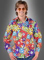 Ein Mann mit runder Sonnenbrille und einem farbenfrohen, langärmeligen Hippie-Blumenhemd für Herren „Smile“ mit einem von den 1960er Jahren inspirierten Muster aus Blumen, Peace-Zeichen und Smileys steht vor einem grauen Hintergrund mit Farbverlauf. Dieses farbenfrohe Hemd ist das perfekte Herrenkostüm für alle, die den authentischen Stil der 70er Jahre verkörpern möchten.