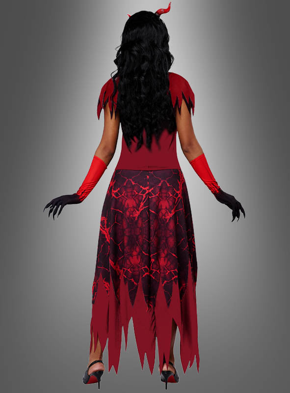 Eine Person, die das „Heißes Teufelin“-Kostüm für Damen trägt, steht mit dem Rücken zu einem grauen Hintergrund mit Farbverlauf. Dieses Halloween-Kostüm besticht durch einen gezackten Saum, rote Handschuhe, schwarze Handschuhe mit Krallen und Teufelshörner, die für einen auffälligen Look sorgen.
