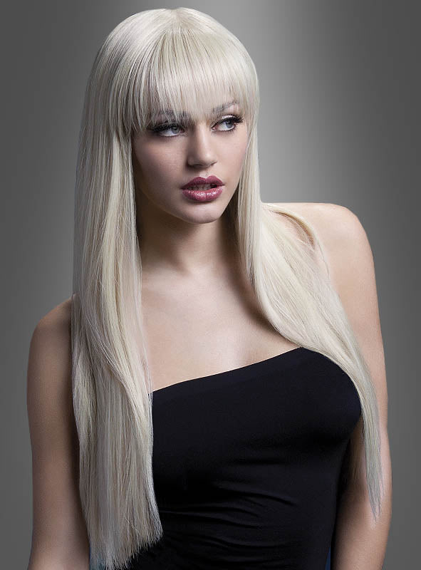 Eine Frau mit langem, glattem, platinblondem Haar, das zu einem schicken Pferdeschwanz frisiert ist und einen geraden Pony hat, trägt ein schwarzes One-Shoulder-Top und blickt vor einem grauen Hintergrund zur Seite – ihre Frisur unterstreicht perfekt den eleganten und modernen Charme der „Blonde Ponyperücke Jessica“.