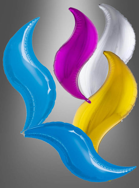Ein einzelner Folienballon „Welle Meerjungfrau“ (48–106 cm) in geschwungenen, blattähnlichen Formen und leuchtenden Blau-, Rosa-, Weiß- und Gelbtönen schwebt vor einem grauen Hintergrund mit Farbverlauf – ein idealer Blickfang für eine Meerjungfrauen-Party oder als verspielte Dekoration.