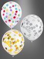 Drei transparente Konfetti-Ballons, gefüllt mit buntem, goldenem und silbernem Folienkonfetti, sind vor einem grauen Hintergrund mit Farbverlauf zu sehen.