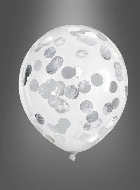 Ein transparenter Konfetti-Ballon, gefüllt mit großen silbernen Folienkonfetti-Punkten, schwebt vor einem grauen Farbverlauf im Hintergrund.