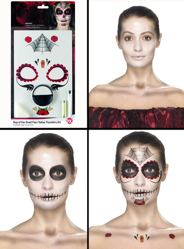Eine Frau verwendet das „Tag der Toten“-Make-up-Tattoo-Set (oben links abgebildet), um in drei aufeinanderfolgenden Schritten ein Sugar-Skull-Make-up aufzutragen.