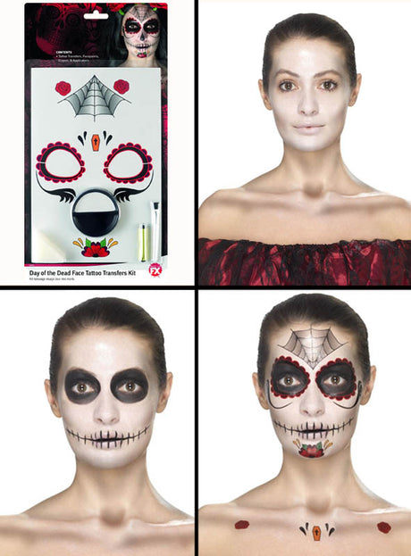Eine Frau verwendet das „Tag der Toten“-Make-up-Tattoo-Set (oben links abgebildet), um in drei aufeinanderfolgenden Schritten ein Sugar-Skull-Make-up aufzutragen.
