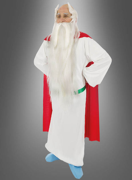 Eine Person, die das „Deluxe Original Miraculix-Kostüm“ aus der Asterix-Reihe trägt – bestehend aus einer langen weißen Robe, einem roten Umhang, blauen Schuhen sowie einer wallenden weißen Perücke und einem Bart –, posiert vor einem grauen Hintergrund mit Farbverlauf. Damit ist dieses Kostüm ideal für alle, die gerne in die Rolle des legendären Druiden aus „Asterix und Obelix“ schlüpfen möchten.