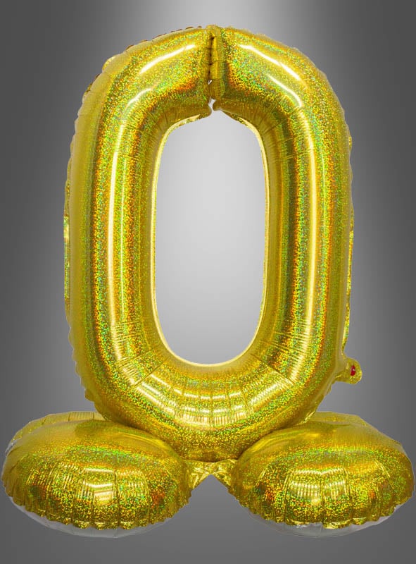 Ein goldfarbener, glänzender AirLoon-Folienballon „Zahlen zum Kombinieren“ (70 cm), der in Form der Zahl Null steht und über zwei runde Standfüße verfügt – perfekt als Geburtstagsdekoration für jede Feier.