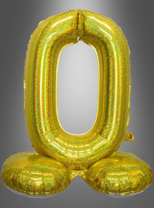 Ein goldfarbener, glänzender AirLoon-Folienballon „Zahlen zum Kombinieren“ (70 cm), der in Form der Zahl Null steht und über zwei runde Standfüße verfügt – perfekt als Geburtstagsdekoration für jede Feier.