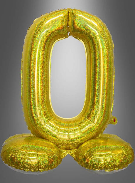 Ein goldfarbener, glänzender AirLoon-Folienballon „Zahlen zum Kombinieren“ (70 cm), der in Form der Zahl Null steht und über zwei runde Standfüße verfügt – perfekt als Geburtstagsdekoration für jede Feier.