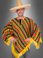 Ein Mann, der einen großen Strohsombrero und den farbenfrohen „Mexikaner“-Poncho „Juan“ mit gelben Fransen trägt, steht lächelnd vor einem grauen Hintergrund mit Farbverlauf – perfekt für jede „Fiesta Mexicana“ oder als klassisches mexikanisches Kostüm.