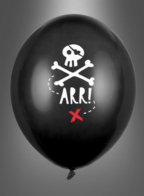 Schwarze Luftballons mit Totenkopf, 30 cm, mit einem weißen Totenkopf, dem Schriftzug „ARR!“, einer gepunkteten Linie und einem roten X – perfekt, um ein lustiges Piraten-Motto zu gestalten oder Fans von Totenkopf-Luftballons und Jolly-Roger-Luftballons zu begeistern.
