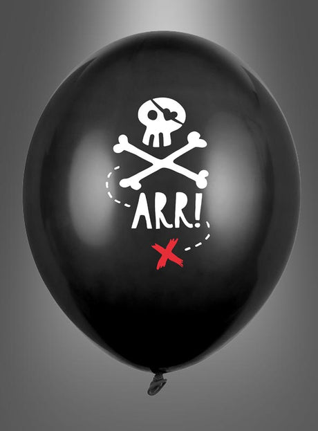 Schwarze Luftballons mit Totenkopf, 30 cm, mit einem weißen Totenkopf, dem Schriftzug „ARR!“, einer gepunkteten Linie und einem roten X – perfekt, um ein lustiges Piraten-Motto zu gestalten oder Fans von Totenkopf-Luftballons und Jolly-Roger-Luftballons zu begeistern.
