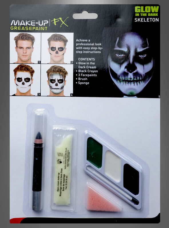 Leuchtendes Skelett-Make-up-Set zum Schminken eines im Dunkeln leuchtenden Skelettgesichts, bestehend aus Creme, Stift, drei Farben, einem Pinsel, einem Schwamm und einer Anleitung mit Beispielfotos für beeindruckendes Skelett-Make-up.