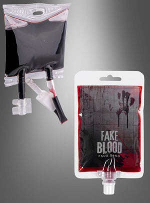 Zwei Beutel „Blutbeutel Fakeblut Transfusion“ – einer im Design eines medizinischen Transfusionsbeutels und der andere mit der Aufschrift „Kunstblut Fake Blood“, beide gefüllt mit realistisch aussehender roter Flüssigkeit – sind vor einem grauen Hintergrund mit Farbverlauf abgebildet. Dieser Artikel eignet sich perfekt als Scherzartikel für Streiche oder theatralische Effekte.