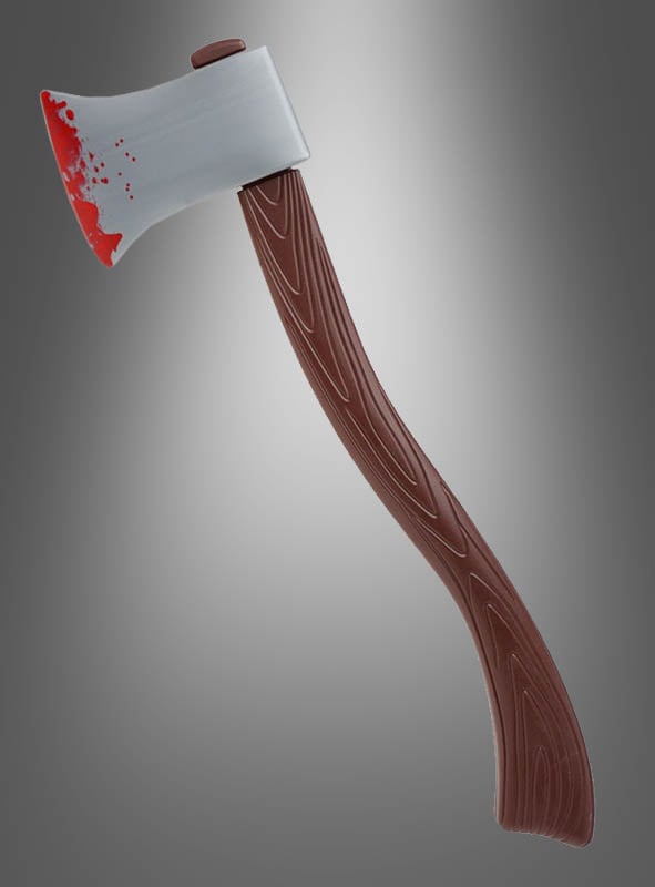 Eine Axt mit braunem Stiel und einer silbernen Klinge, die mit roter Farbe bespritzt ist, die wie Blut aussieht: Die „Große Halloween-Axt 57 cm“ ist das perfekte Kostüm-Accessoire für Halloween und wird vor einem grauen Hintergrund mit Farbverlauf präsentiert.