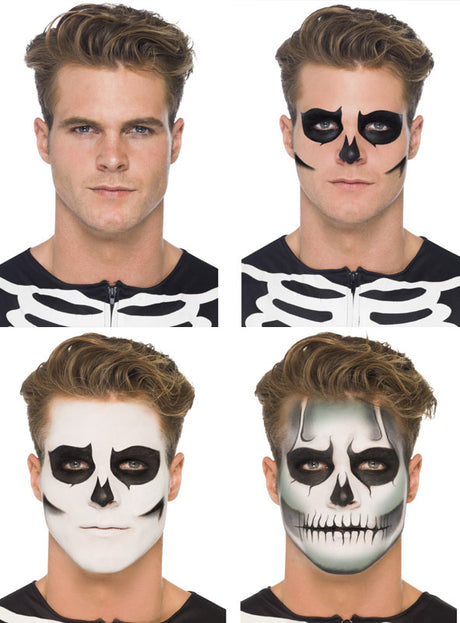 Ein Mann mit blonden Haaren demonstriert vier Schritte zur Anwendung des „Leuchtendes Skelett“-Make-up-Sets, angefangen bei einem ungeschminkten Gesicht bis hin zu einem detailreichen Totenschädel-Look mit leuchtender Gesichtsfarbe für ein auffälliges Ergebnis.