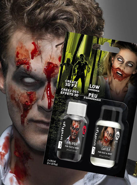 Ein Mann mit Zombie-Make-up hält eine Packung „Kunstblut und Latex Set FX Schminke“ in der Hand, die zwei Flaschen mit den Aufschriften „Kunstblut“ und „Latex“ zur Erzeugung von 3D-Spezialeffekten enthält; auf der Verpackung sind Abbildungen von Zombie-Gesichtern zu sehen.