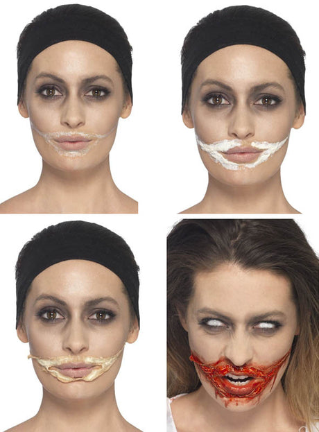 Schritt-für-Schritt-Anleitung zum Schminken: Eine Frau mit dunklem Augen-Make-up trägt zunächst weiße, dann beige Creme auf ihre Lippen auf, gefolgt von einem realistischen Blutwundeneffekt mit dem „Kunstblut und Latex Set FX Schminke“, und rundet das Ganze mit nach oben verdrehten Augen ab.