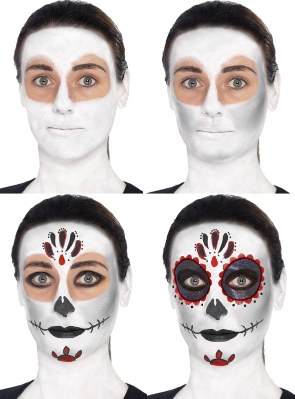 Ein vierstufiger Prozess zum Schminken eines Frauengesichts als Zuckerschädel, der den Verlauf von der weißen Grundierung bis hin zum detaillierten schwarzen und roten dekorativen Make-up zeigt – eine beeindruckende Verwandlung zum Tag der Toten, die mit dem „Sugar Skull Makeup“-Schminkset zum Leben erweckt wird.