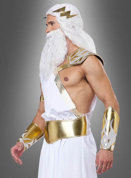 Ein Mann, der das „Griechischer Gott Zeus“-Kostüm trägt – mit weißem Bart, goldenen Accessoires und einem zickzackförmigen Kopfschmuck –, steht vor einem grauen Hintergrund.