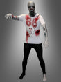 Eine Person, die ein „Morphsuit Zombie“-Halloween-Kostüm trägt – bestehend aus einem blutbefleckten Hemd, schwarzen Leggings, einem bemalten Gesicht und ausgestreckten Armen –, posiert vor einem grauen Hintergrund mit Farbverlauf.