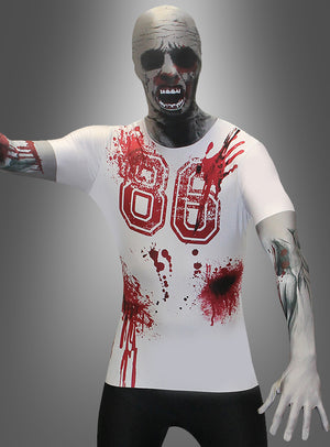 Mit dem Morphsuit-Zombie-Halloween-Kostüm – komplett mit einem weißen Hemd mit der Nummer 86, Blutflecken und Vollgesichts-Make-up – ist dieser gruselige Look perfekt für Halloween!.