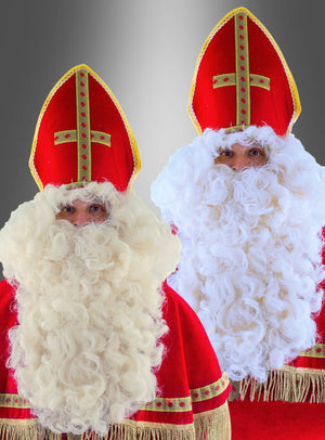 Zwei Personen in traditionellen rot-goldenen Nikolauskostümen, die jeweils einen hohen Hut tragen und mit dem „Deluxe Bischof Nikolaus Bart und Perücke“-Set ausgestattet sind, stehen vor einem grauen Hintergrund mit Farbverlauf.