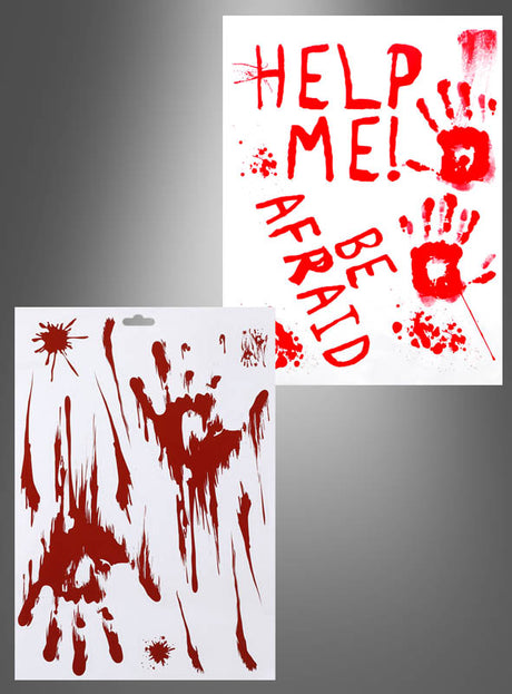 Dieses Set enthält zwei Bögen mit blutigen Halloween-Deko-Aufklebern: einen Bogen mit roten, blutähnlichen Streifen und Spritzern sowie einen weiteren mit unheimlichen Handabdrücken und der Aufschrift „HELP ME! BE AFRAID“ in großen, roten, verschmierten Buchstaben. Diese gruseligen Aufkleber eignen sich perfekt als blutige Fensterbilder oder blutige Schrift-Halloween-Dekoration und sind die ideale Ergänzung für Ihre Halloween-Partydekoration.
