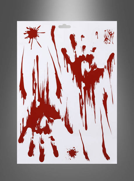Blutige Halloween-Deko-Aufkleber mit roten Spritzern und blutigen Handabdrücken auf weißem Hintergrund, vertikal vor einem grauen Farbverlauf angeordnet – ideal als blutige Fensterbilder oder als gruselige Halloween-Partydekoration.