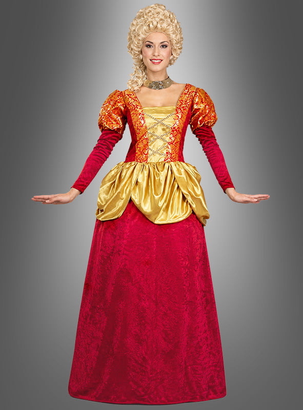 Im eleganten „Rotes Barockkleid Baronin“ – mit rotem Rock, goldenem Schößchen, geschnürtem Mieder, Puffärmeln und einer weißen Lockenperücke – verkörpert die Trägerin perfekt die Mode des 18. Jahrhunderts. Mit leicht ausgestreckten Armen eignet sich dieses auffällige Kostüm ideal für jede Fasching-Feier.