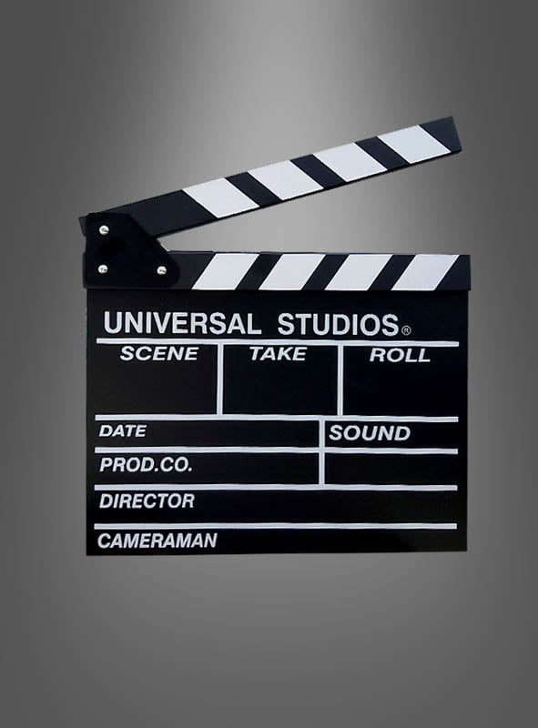 Eine schwarz-weiße Filmklappe als Hollywood-Partyzubehör mit der Aufschrift „Universal Studios“, versehen mit Feldern für Szene, Take, Rolle, Datum, Ton, Produzent, Regisseur und Kameramann – ein unverzichtbares Kostümzubehör für jede Hollywood-Party.
