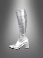 Der „Disco Stiefel silber“, ein glänzender silberner kniehoher Stiefel mit Blockabsatz, der sich perfekt zur Vervollständigung Ihres Disco-Kostüms eignet, wird vor einem grau verlaufenden Hintergrund präsentiert.
