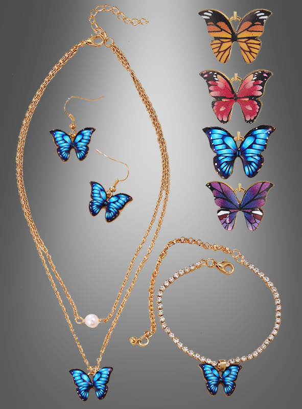 Das 4-teilige Schmetterling-Schmuckset ist ein raffiniertes Goldschmuckset, das mit blauen Schmetterlingsanhängern verziert ist und aus passenden Ohrringen, einem Armband und einer Halskette besteht. Dieses elegante Set enthält außerdem zusätzliche Schmetterlingsanhänger in Gelb, Rosa, Blau und Lila – ideal, um jedes Schmetterlingskostüm zu vervollständigen oder Ihrem Outfit einen verspielten Hauch von Kostümschmuck zu verleihen.