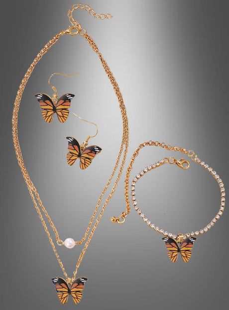 Das 4-teilige Schmetterling-Schmuckset ist ein goldfarbenes Modeschmuck-Set mit Schmetterlingsanhängern, bestehend aus einer zweireihigen Halskette, einem mit Strasssteinen verzierten Armband und passenden Ohrringen – alles elegant präsentiert vor einem grauen Hintergrund mit Farbverlauf.